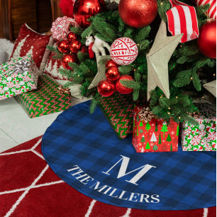 Saia Para Árvore De Natal De Poliéster Monograma Familiar em Xadrez Azul Profundo e Azul