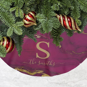 Saia Para Árvore De Natal De Poliéster Monograma Marble Burgundy e Dourado Natal Elegante