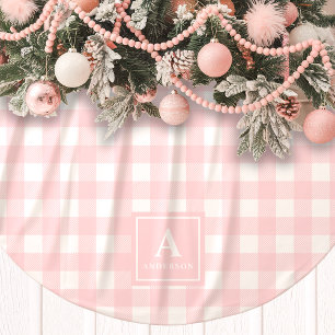 Saia Para Árvore De Natal De Poliéster Monograma Xadrez Gingham Rosa e Branco