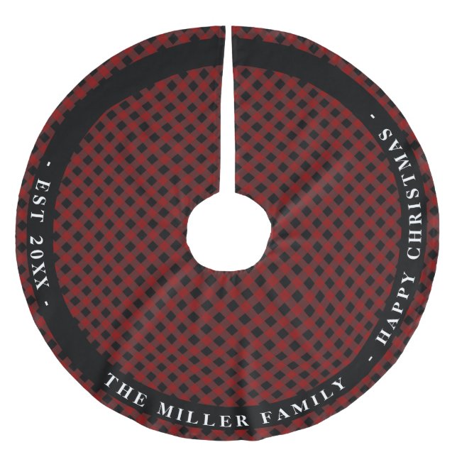 Saia Para Árvore De Natal De Poliéster Monogramas rústicos personalizados da Xadrez verme (Frente)