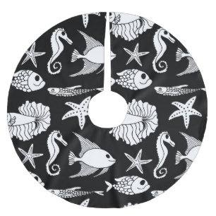 Saia Para Árvore De Natal De Poliéster Motif De Peixe: Padrão Branco Preto.