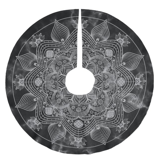 Saia Para Árvore De Natal De Poliéster Na moda Marble Black and White Floral Mandala (Frente)