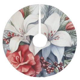 Saia Para Árvore De Natal De Poliéster Natal Branco Flores Vermelhas Feriados Elegante
