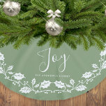 Saia Para Árvore De Natal De Poliéster Natal Branco Holly Joy Verde Claro<br><div class="desc">Destaque sua árvore de Natal com esta saia festiva de árvore de Natal. O fundo é um verde-muda com uma borda de folhas brancas ocas e a palavra "Alegria" no texto escrito à mão. O texto personalizado permite personalizar com um nome.</div>