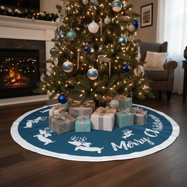 Saia Para Árvore De Natal De Poliéster Natal Dachshund Árvore Marinho Natal (Wiener dog Christmas Tree skirt in blue)