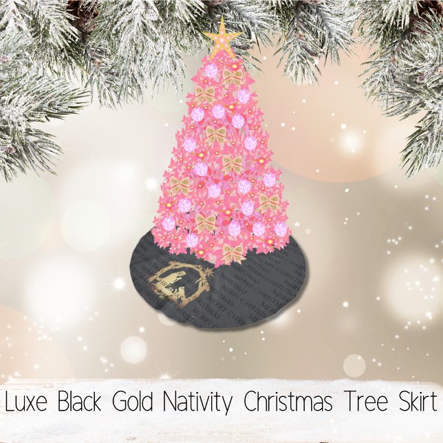 Saia Para Árvore De Natal De Poliéster Natal Dourado de Luxe Black (Luxe Black Gold Nativity Christmas Brushed Polyester Tree Skirt)