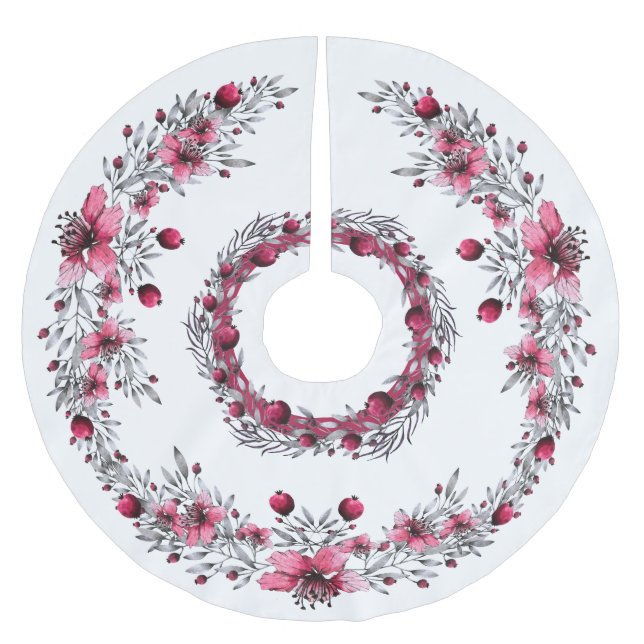 Saia Para Árvore De Natal De Poliéster Natal Floral Vermelho e Branco (Frente)