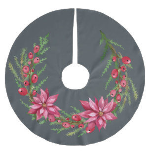 Saia Para Árvore De Natal De Poliéster Natal Vermelho, Poinsetta Berries, Sem Preto