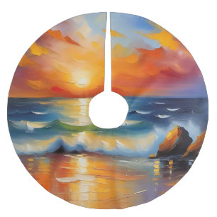 Saia Para Árvore De Natal De Poliéster Óleo Pintura do pôr do sol laranja sobre o oceano