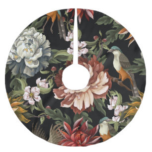 Saia Para Árvore De Natal De Poliéster Ornamentado Vintage Peonies, Rosas, Aves.