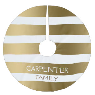 Saia Para Árvore De Natal De Poliéster Ouro Monogrammed e listras horizontais brancas