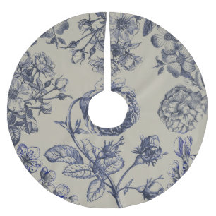 Saia Para Árvore De Natal De Poliéster Padrão Antigo Floral Botânico Toile Azul Vintage