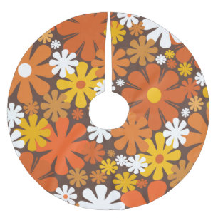 Saia Para Árvore De Natal De Poliéster Padrão Castanho Laranja Floral dos anos 60 e 70