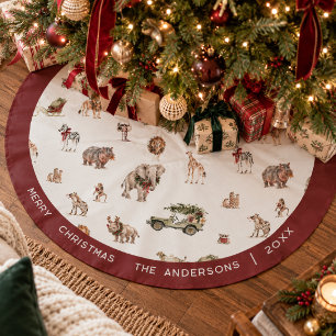 Saia Para Árvore De Natal De Poliéster Padrão de Animal de Natal Safari em Aquarela