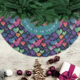 Saia Para Árvore De Natal De Poliéster Padrão de aquarela de Natal com coração roxo color