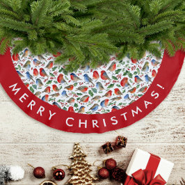 Saia Para Árvore De Natal De Poliéster Padrão de Aquarela Robin White do Natal Vermelho