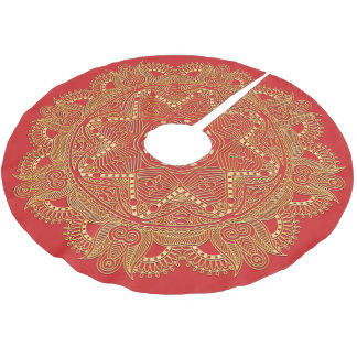 Saia Para Árvore De Natal De Poliéster Padrão de Arte Flor do Ouro Chic Vermelho Mandala