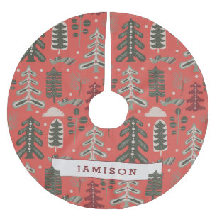 Saia Para Árvore De Natal De Poliéster Padrão de Árvore Nórdica Verde e Branca em Vermelh