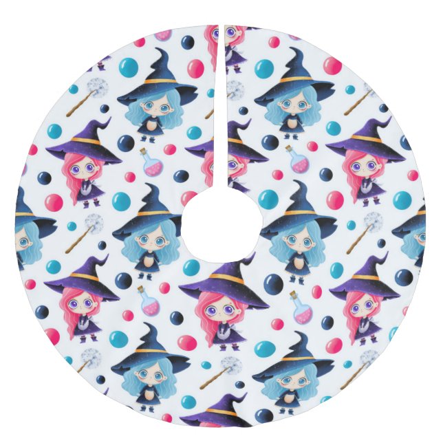 Saia Para Árvore De Natal De Poliéster Padrão de Bruxa Mágica Fofo (Frente)