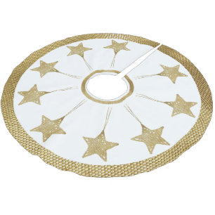 Saia Para Árvore De Natal De Poliéster Padrão de Estrelas Douradas Rústicas em Branco