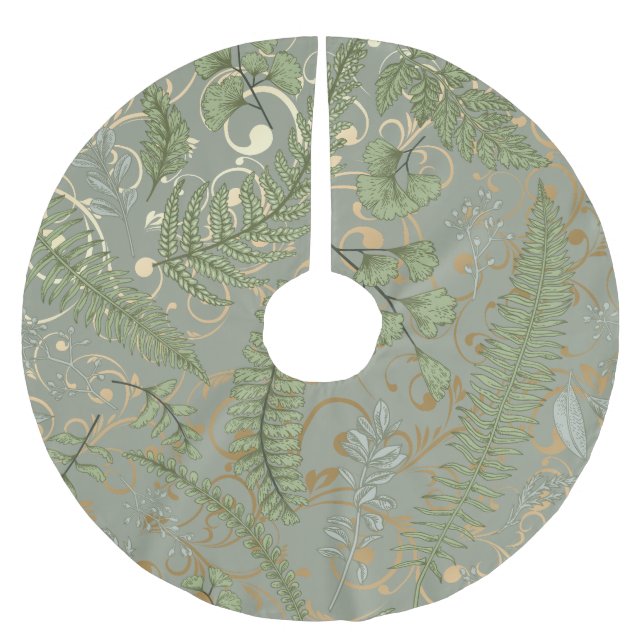 Saia Para Árvore De Natal De Poliéster Padrão de Fern Verde e Dourado (Frente)