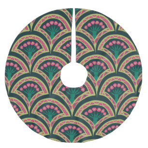 Saia Para Árvore De Natal De Poliéster Padrão de leque floral rosa e verde