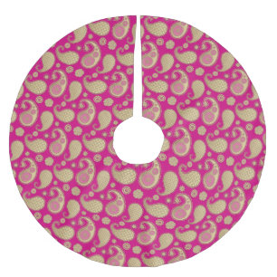 Saia Para Árvore De Natal De Poliéster Padrão de Paisley, Dourado Suave no Rosa Profundo 