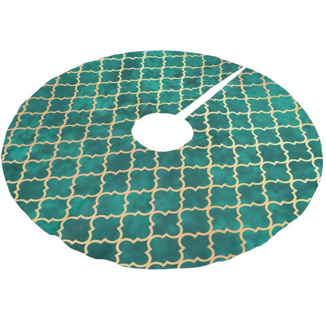 Saia Para Árvore De Natal De Poliéster Padrão Dourado de Quatrefoil Verde Elegante (Inclinado)