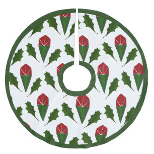 Saia Para Árvore De Natal De Poliéster Padrão Elegante Vibrante Rosa vermelha Arte Holly 