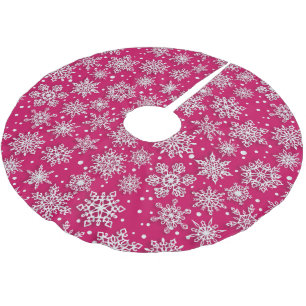 Saia Para Árvore De Natal De Poliéster Padrão festivo de floco de neve rosa em azulejos