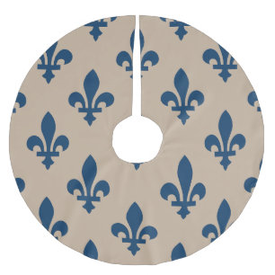 Saia Para Árvore De Natal De Poliéster Padrão Fleur de Lis, Azul Real Francês em Creme