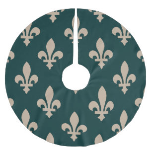 Saia Para Árvore De Natal De Poliéster Padrão Flor de Lis, Creme Real Francês sobre Verde