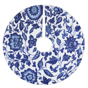 Saia Para Árvore De Natal De Poliéster Padrão floral azul-marinho chinês em branco