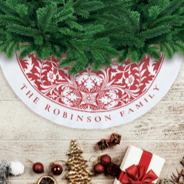 Saia Para Árvore De Natal De Poliéster Padrão Floral de Natal Vermelho Branco Estiloso Vi