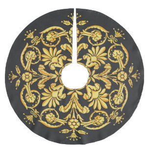 Saia Para Árvore De Natal De Poliéster Padrão Floral Dourado e Preto