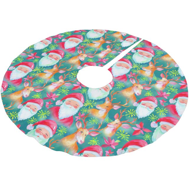 Saia Para Árvore De Natal De Poliéster Papai Noel e padrão dos cervos (Inclinado)