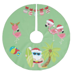 Saia Para Árvore De Natal De Poliéster Papai Noel na Praia Tropical e Flamingos