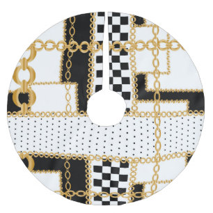 Saia Para Árvore De Natal De Poliéster Pedras preciosos, correntes douradas, padrão sem s