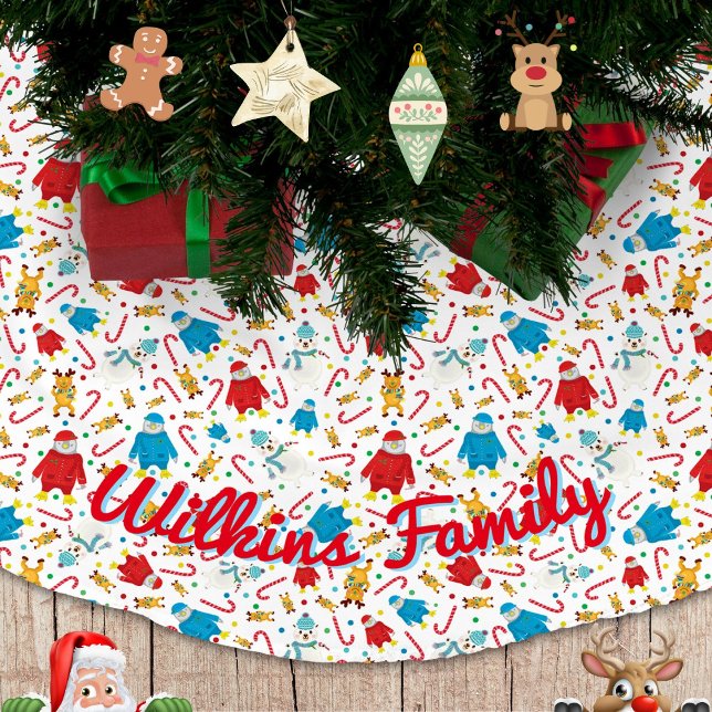 Saia Para Árvore De Natal De Poliéster Penguin Reindeer Snowman Design (Christmas Penguins Reindeer and Polar Bears Personalized Tree Skirt)