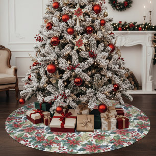 Saia Para Árvore De Natal De Poliéster Poinsettia de aquarela e padrão de natal de azevin