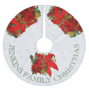 Saia Para Árvore De Natal De Poliéster Poinsettias e Flocos de Neve Brancos com Texto