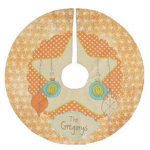 Saia Para Árvore De Natal De Poliéster Pontos laranja e flocos de neve, saia-árvore perso