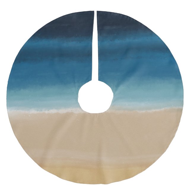 Saia Para Árvore De Natal De Poliéster Praia Azul Dourada Moderna de Aquarela (Frente)