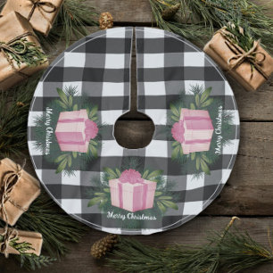 Saia Para Árvore De Natal De Poliéster Presente de Natal na Xadrez de Buffalo   Rosa