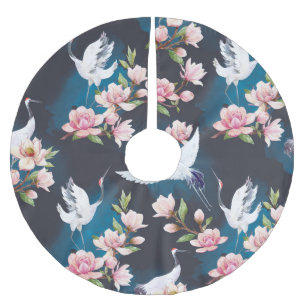 Saia Para Árvore De Natal De Poliéster Red Crane Magnolia: Aquarela Japonesa.
