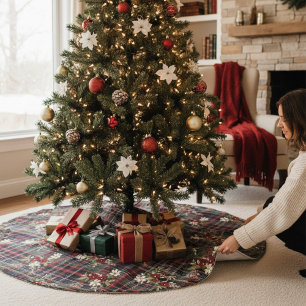 Saia Para Árvore De Natal De Poliéster Red Green Tartan Floral Natal Festivo