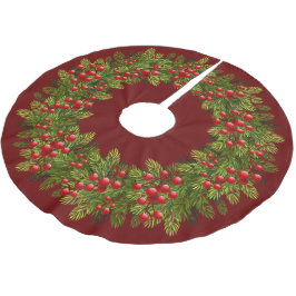 Saia Para Árvore De Natal De Poliéster Red Holly Berries Green Pine Tree Motif