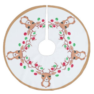 Saia Para Árvore De Natal De Poliéster Renas decoradas com bolas de Natal em branco