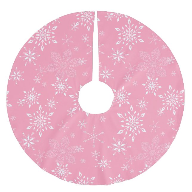 Saia Para Árvore De Natal De Poliéster Rosa dos flocos de neve (Frente)