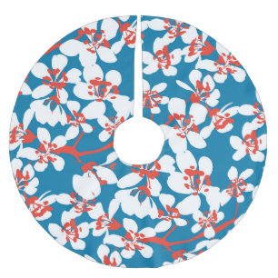 Saia Para Árvore De Natal De Poliéster Sakura branca, padrão de fundo azul clássico.